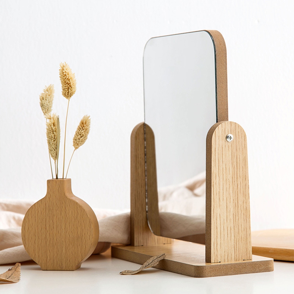 우드회전거울 홈카페 탁상용거울 책상용 거울 사무실 탁상 사각미니스탠드 세우는 빈티지 원목 - 상세 이미지 3