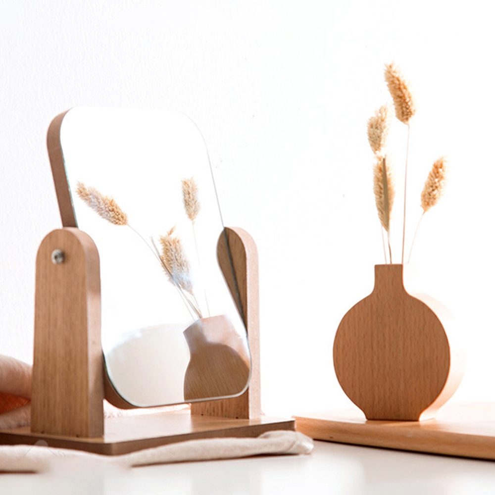 우드회전거울 홈카페 탁상용거울 책상용 거울 사무실 탁상 사각미니스탠드 세우는 빈티지 원목 - 상품 이미지
