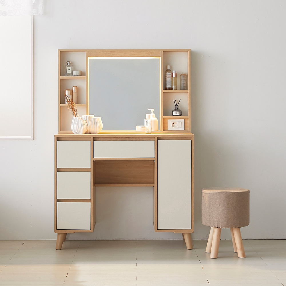 장인가구 스키니 멀티 수납조명화장대 세트(스툴포함)