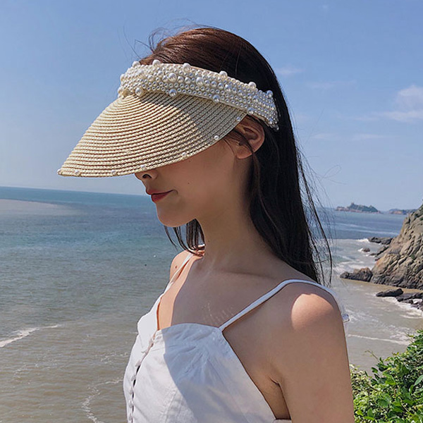 비즈진주 여성썬캡 챙넓은 자외선 햇빛모자 - 상세 이미지 3