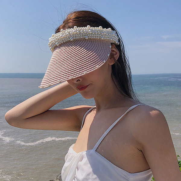 비즈진주 여성썬캡 챙넓은 자외선 햇빛모자 - 상세 이미지 2