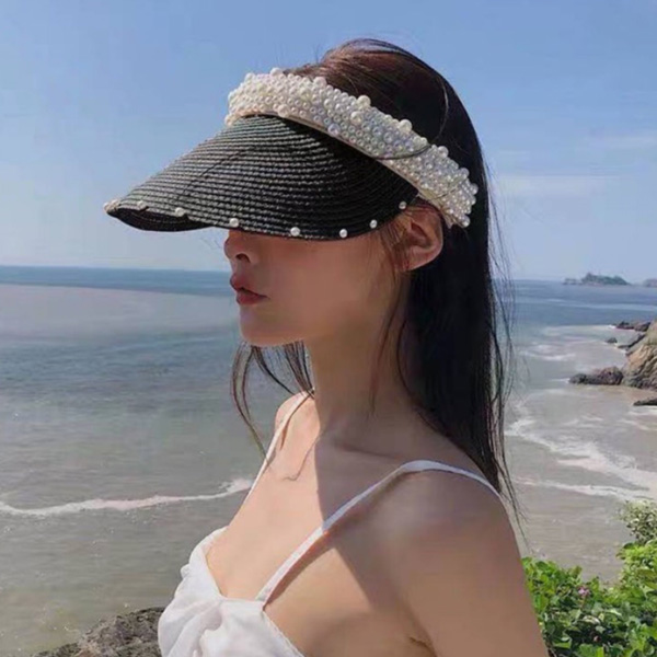 비즈진주 여성썬캡 챙넓은 자외선 햇빛모자 - 상세 이미지 4