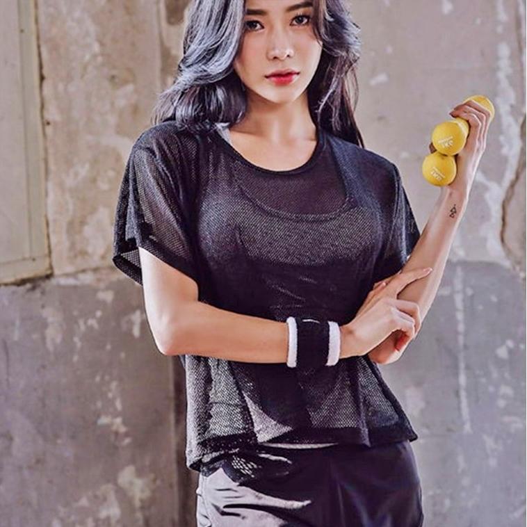 반팔 시스루 크롭 망사 메쉬 여성 쿨 티셔츠 여자 여름용 티 셔츠 꼬임 흰 색 찰랑 블랙 - 상품 이미지