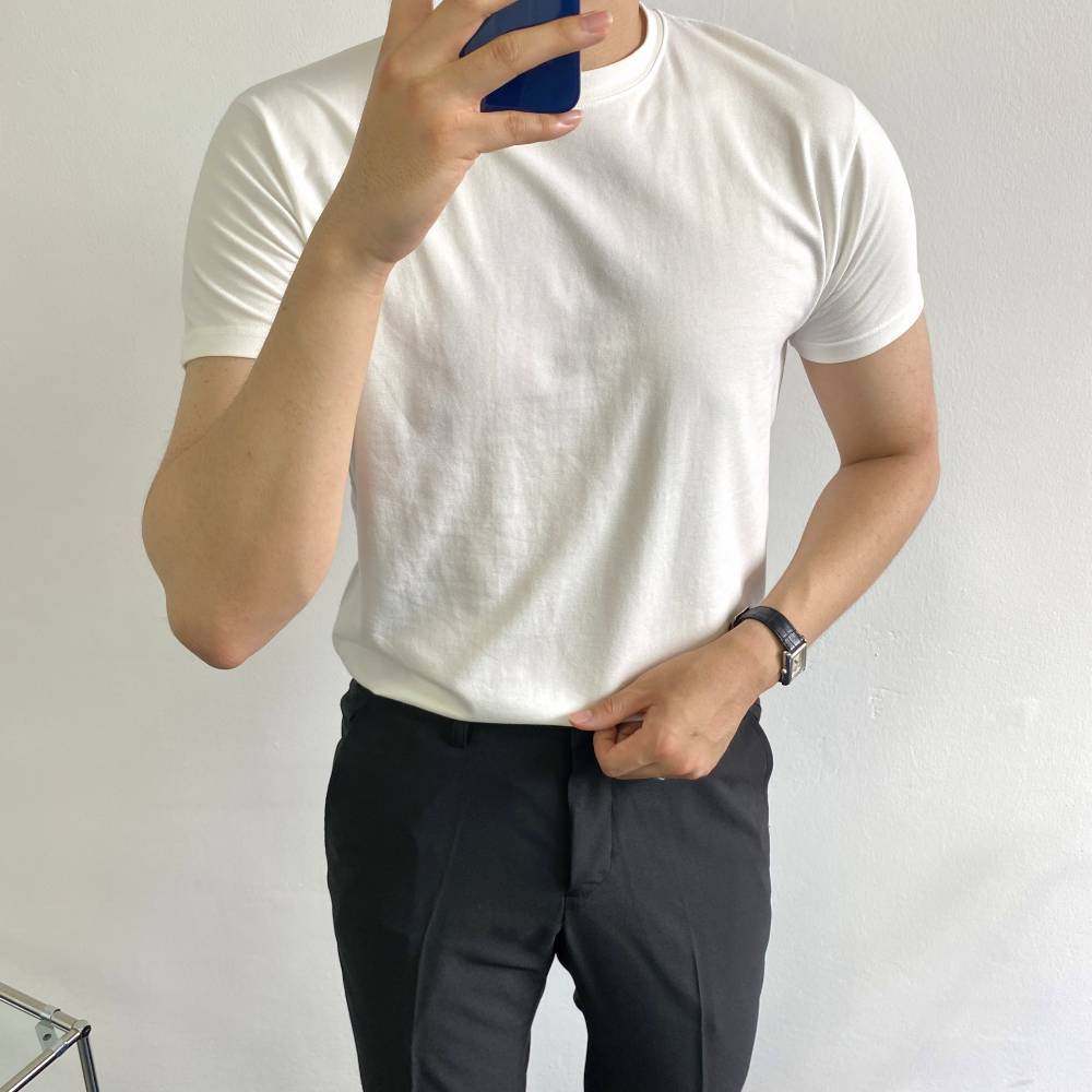 마른근육을위한 남자머슬핏반팔 목안늘어나는티 안비치는 비침없는 흰티 어깨넓어보이는옷 두꺼운 이미지 2