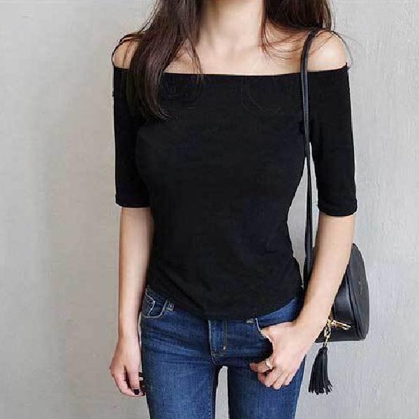 목넓은 티셔츠 여성 여름용 티셔츠 블랙 여자 흰 색 반팔 7부 무지 어꺠트임 얇은 쫄 - 상품 이미지