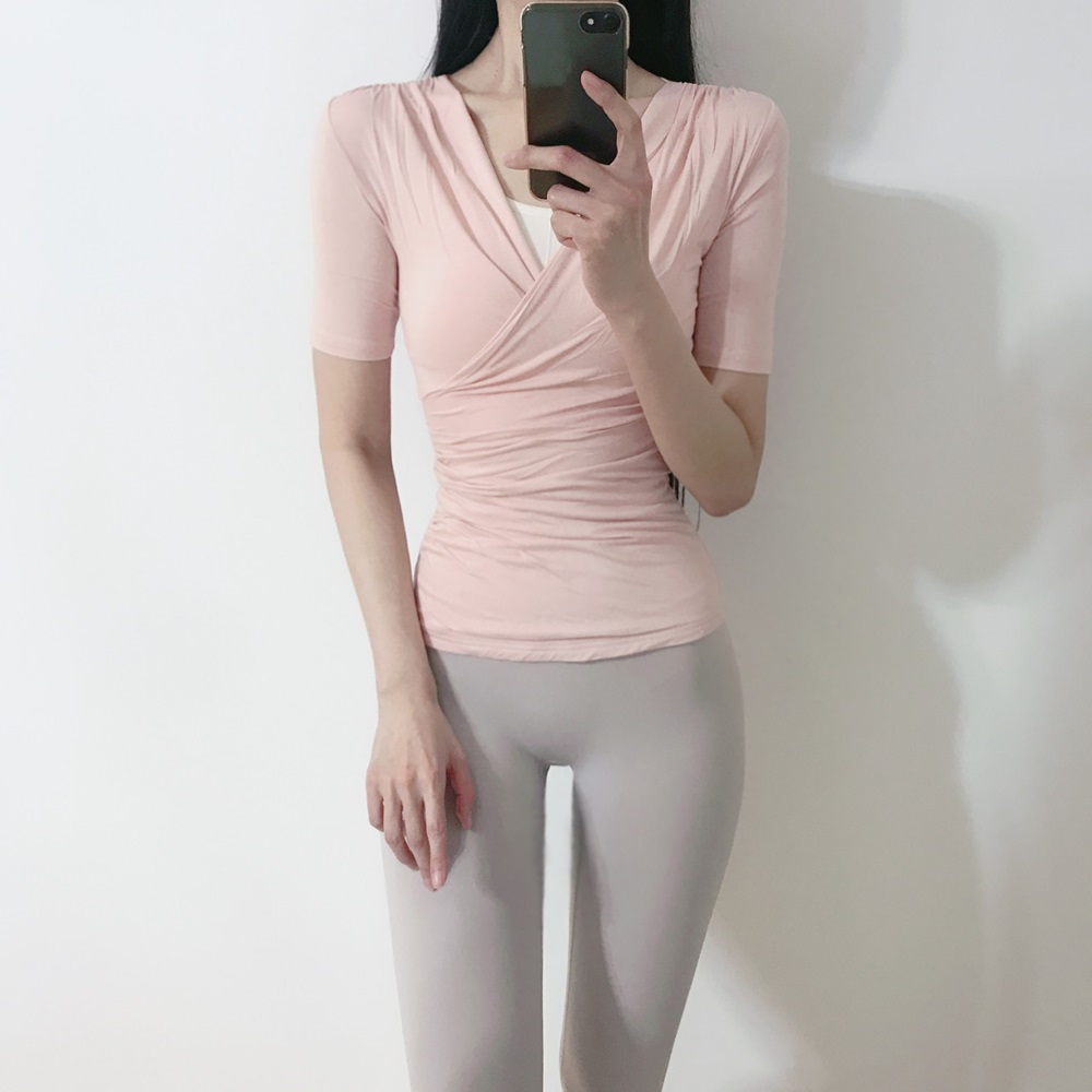 로라벨 아델 5부 반팔 필라테스 복 요가 커버업 세미 반크롭 탑 옷 운동복 티 여성 상의 - 상세 이미지 3