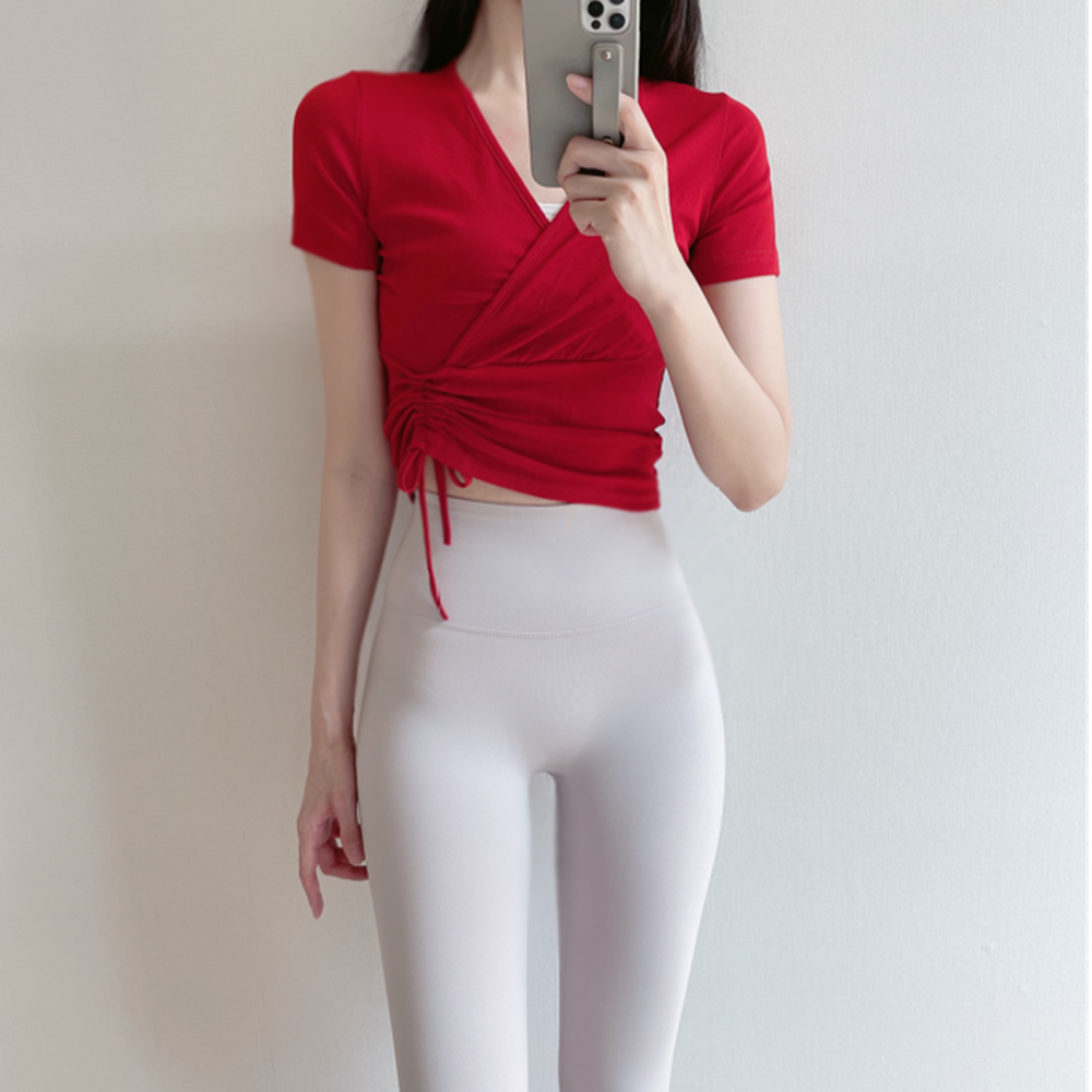 로라벨 립 스트링 반팔 크롭 필라테스복 요가복 필라테스 상의 옷 커버업 운동복 요가 탑 - 상품 이미지