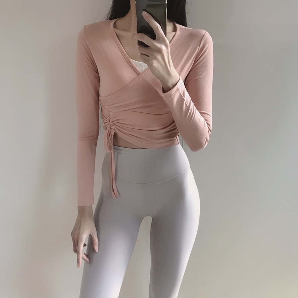 로라벨 캔디 스트링 여성 필라테스 복 요가 커버업 크롭 탑 옷 운동복 티 예쁜 복장 상의 - 상세 이미지 2