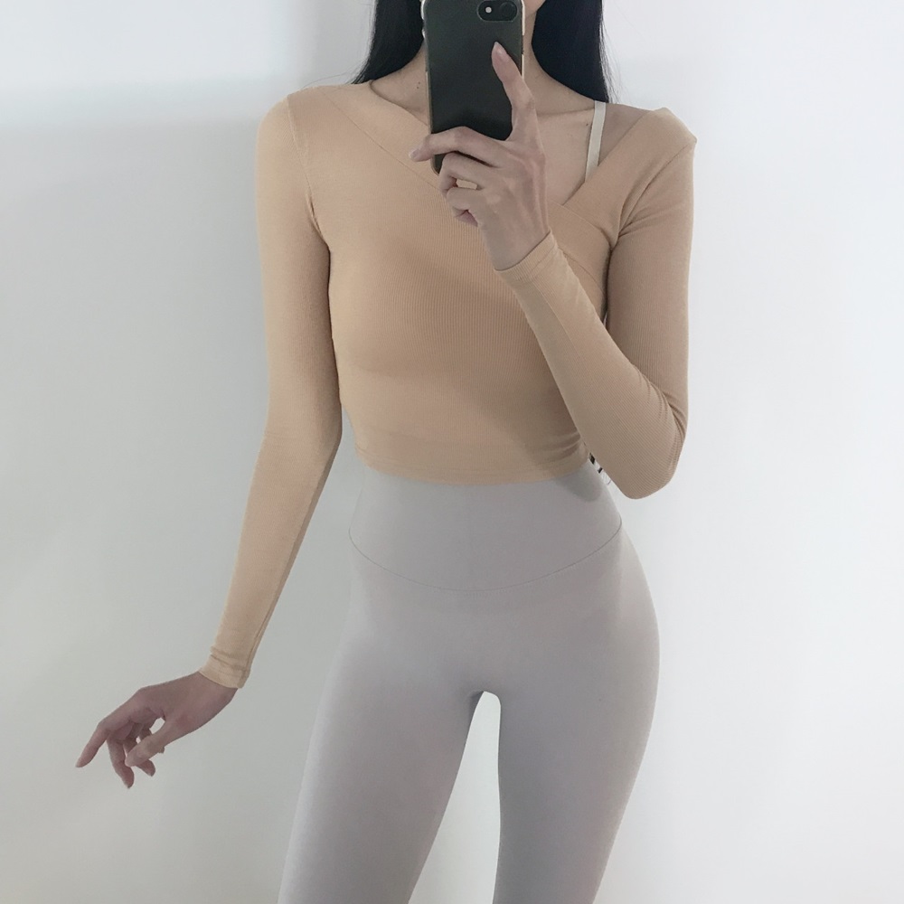 로라벨 원숄더 여성 필라테스 복 요가 커버업 크롭 탑 옷 운동복 숏 티 헬스 복장 상의 - 상세 이미지 4