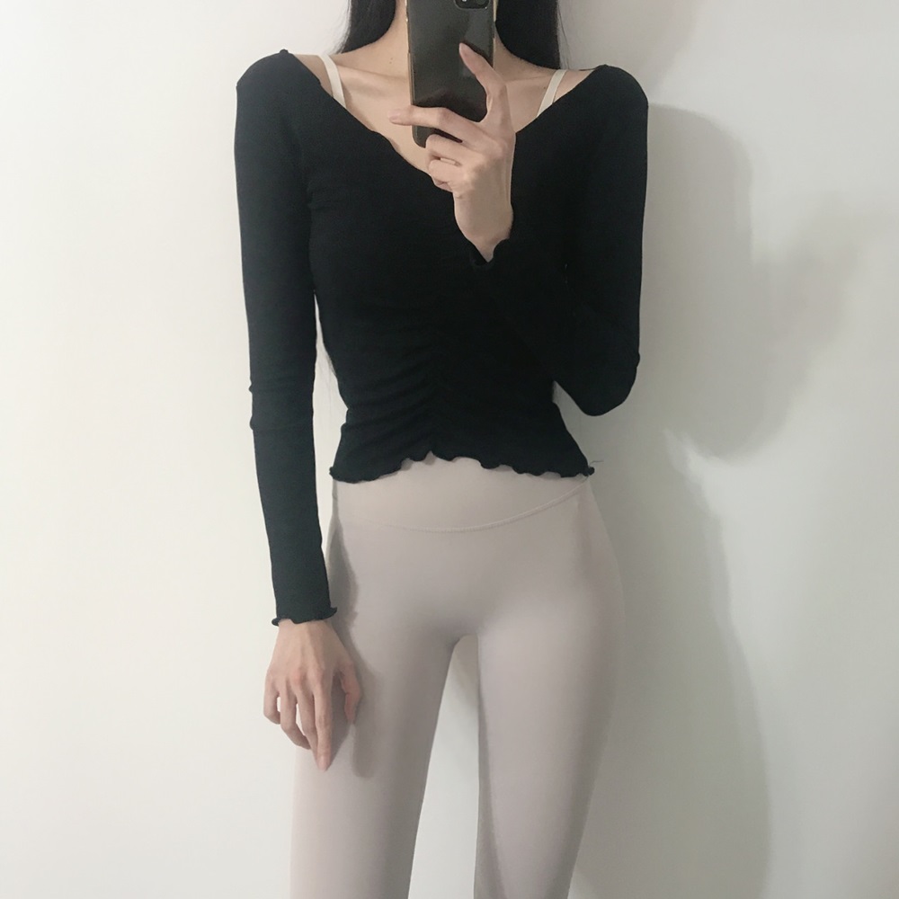 로라벨 여름 프릴 셔링 필라테스 복 요가 커버업 크롭 탑 옷 운동복 티 예쁜 복장 상의 - 상세 이미지 4