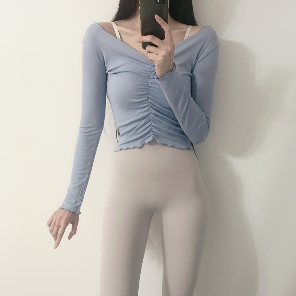 로라벨 여름 프릴 셔링 필라테스 복 요가 커버업 크롭 탑 옷 운동복 티 예쁜 복장 상의 - 상세 이미지 2