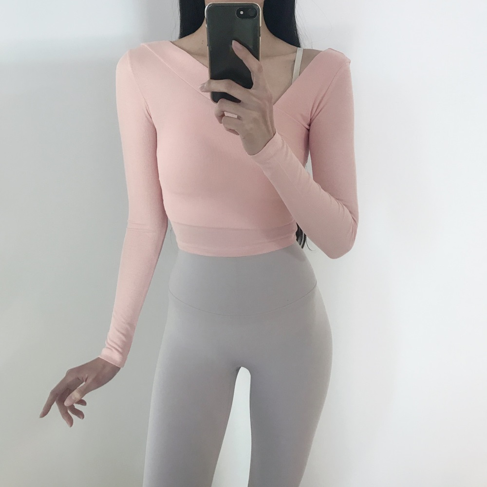 로라벨 원숄더 여성 필라테스 복 요가 커버업 크롭 탑 옷 운동복 숏 티 헬스 복장 상의 - 상세 이미지 3