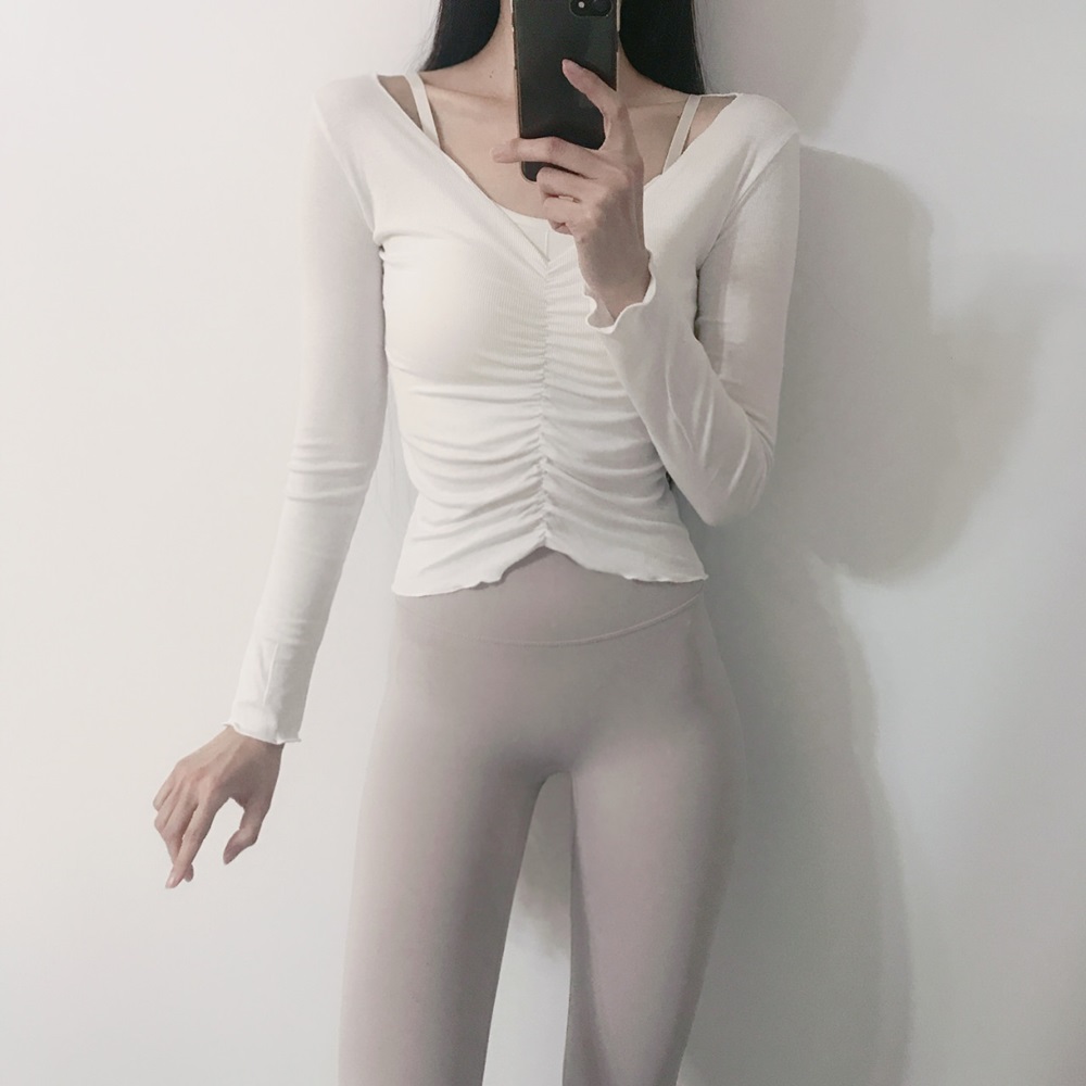 로라벨 여름 프릴 셔링 필라테스 복 요가 커버업 크롭 탑 옷 운동복 티 예쁜 복장 상의 - 상세 이미지 3