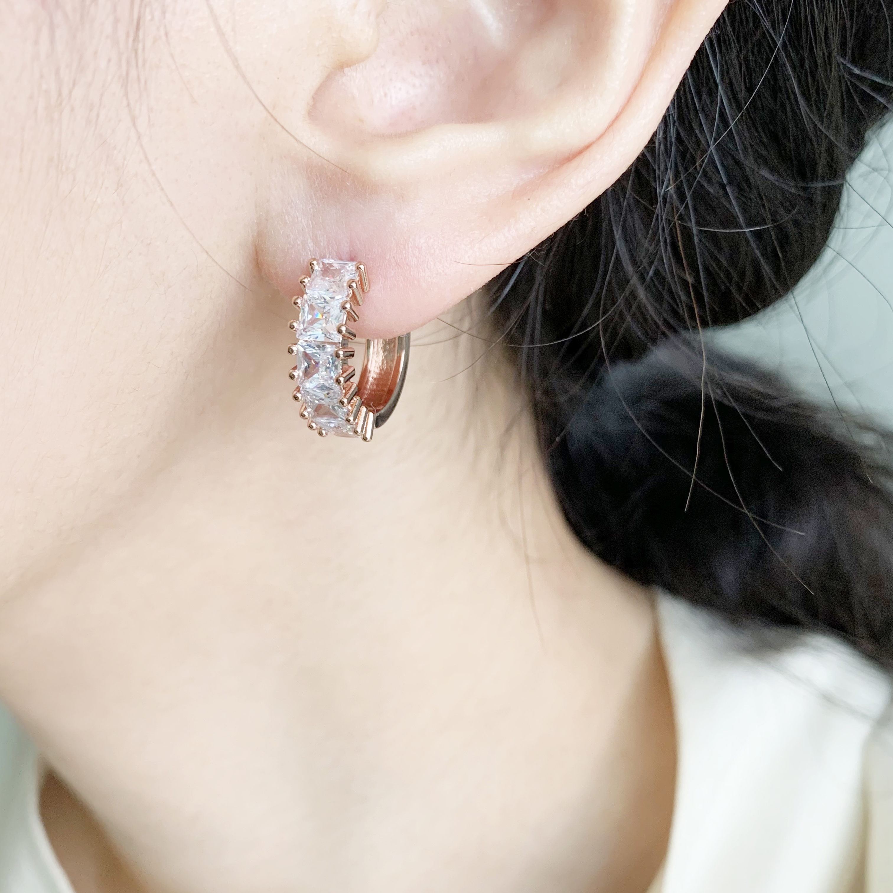 14K 골드필드 스퀘어 큐빅 링 원터치 귀걸이