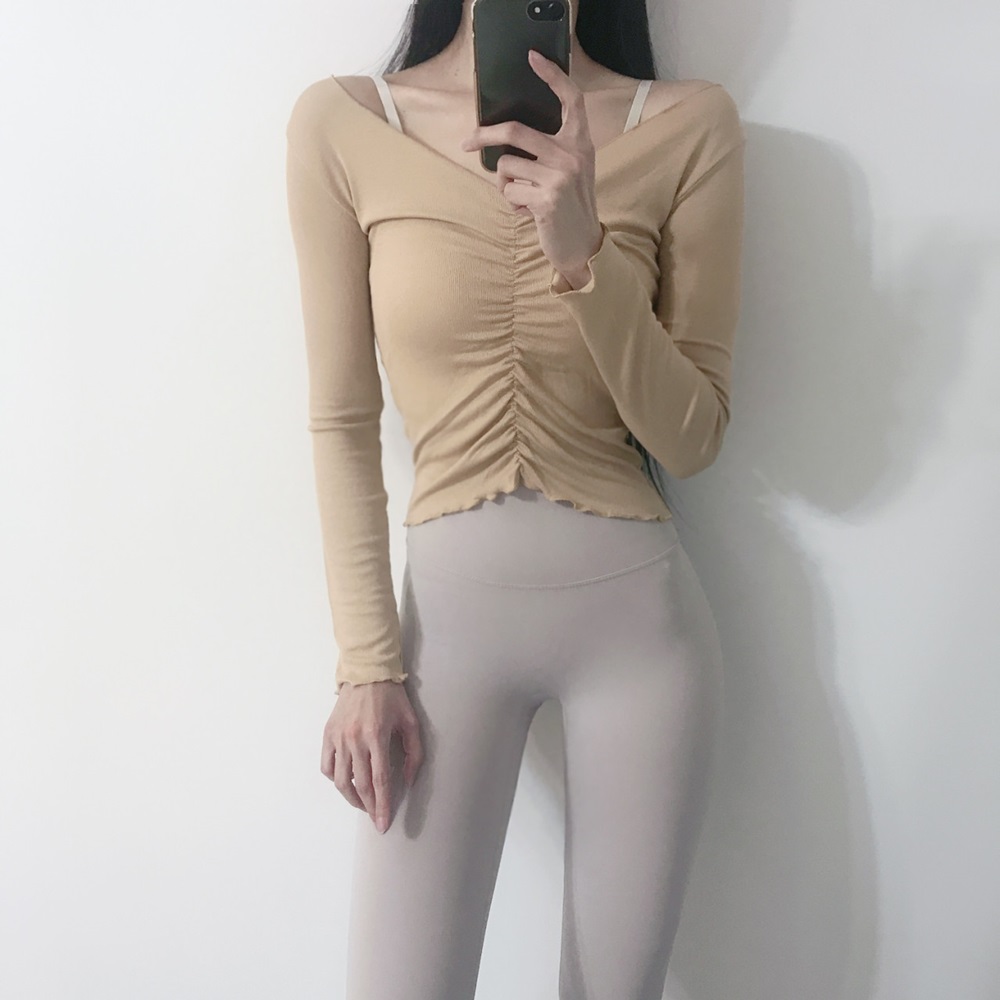 로라벨 여름 프릴 셔링 필라테스 복 요가 커버업 크롭 탑 옷 운동복 티 예쁜 복장 상의 - 상세 이미지 5