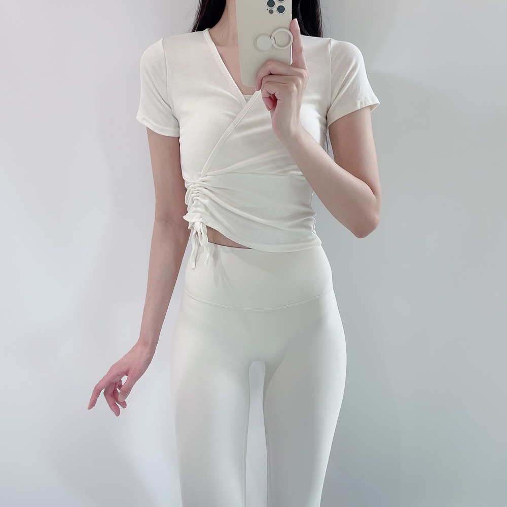 로라벨 립 스트링 반팔 크롭 필라테스복 요가복 필라테스 상의 옷 커버업 운동복 요가 탑 - 상세 이미지 2