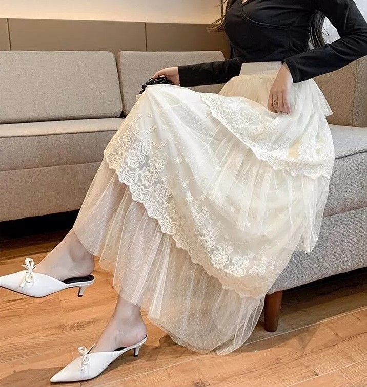5단망사 플라워 롱스커트 캉캉 프릴 밴딩 레이스롱스커트 샤 캉캉 a라인치마 - 상세 이미지 4