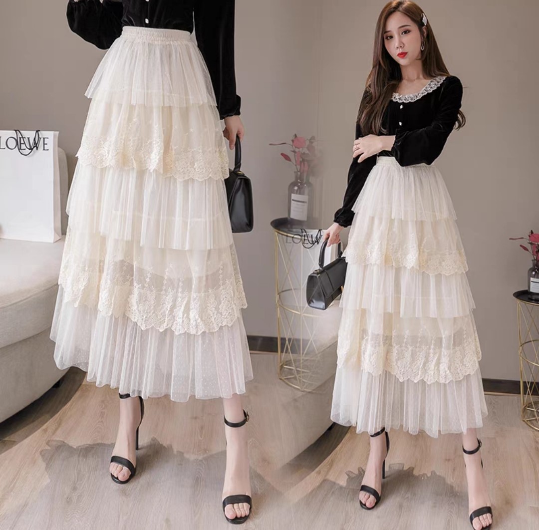 5단망사 플라워 롱스커트 캉캉 프릴 밴딩 레이스롱스커트 샤 캉캉 a라인치마 - 상품 이미지