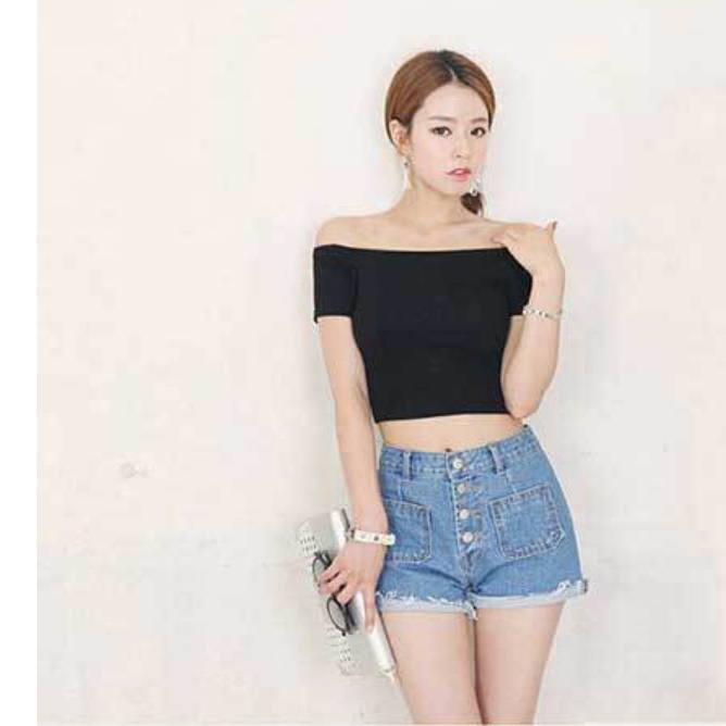 목넓은 티셔츠 오프숄더 여자 여름용 티 셔츠 입술 크롭 반팔 배꼽 블랙 흰 색 여성 쫄 - 상세 이미지 4