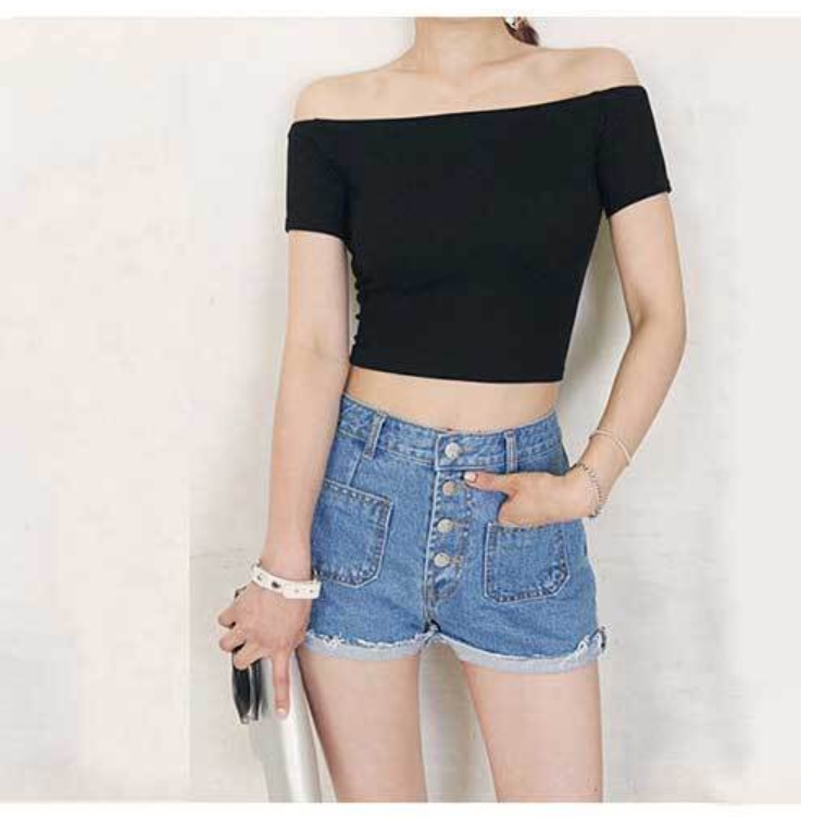 목넓은 티셔츠 오프숄더 여자 여름용 티 셔츠 입술 크롭 반팔 배꼽 블랙 흰 색 여성 쫄 - 상세 이미지 3