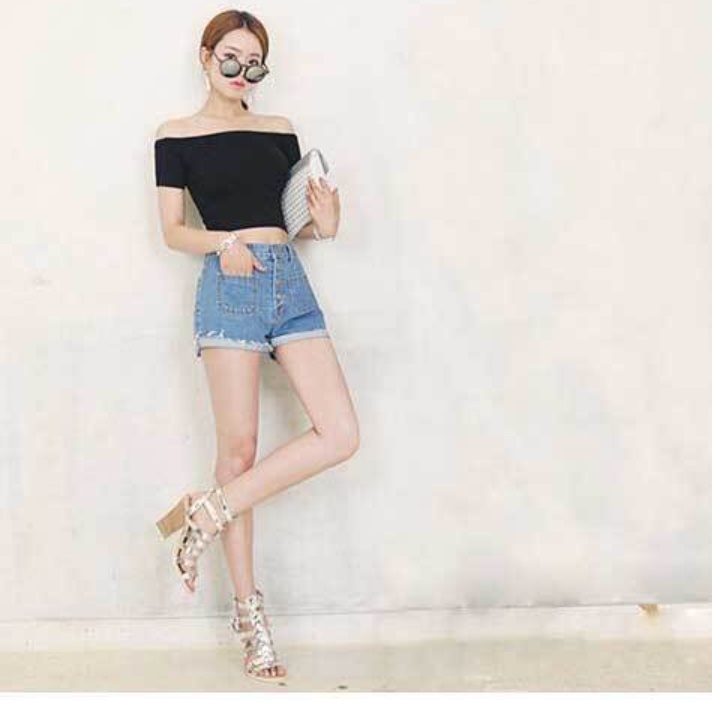 목넓은 티셔츠 오프숄더 여자 여름용 티 셔츠 입술 크롭 반팔 배꼽 블랙 흰 색 여성 쫄 - 상세 이미지 5
