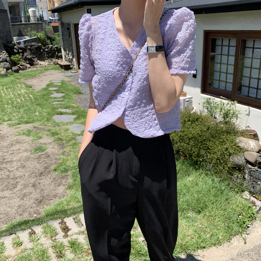 루즈핏 브이넥 여성 여름블라우스 숏 벌룬 퍼프소매 크롭 블라우스 여자 반팔블라우스 - 상세 이미지 5