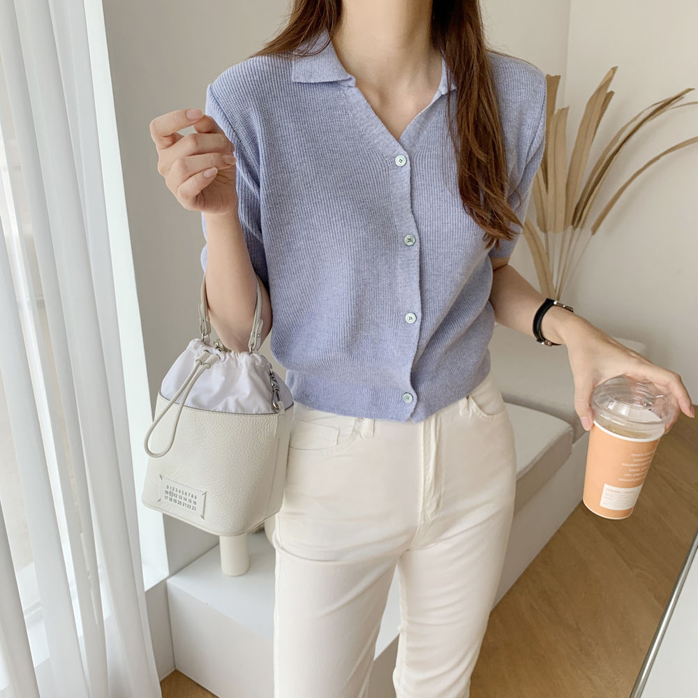 루즈핏 세미 크롭 오픈 카라 린넨 니트 여자 봄 여름 니트 여성 반팔 니트티 소라색