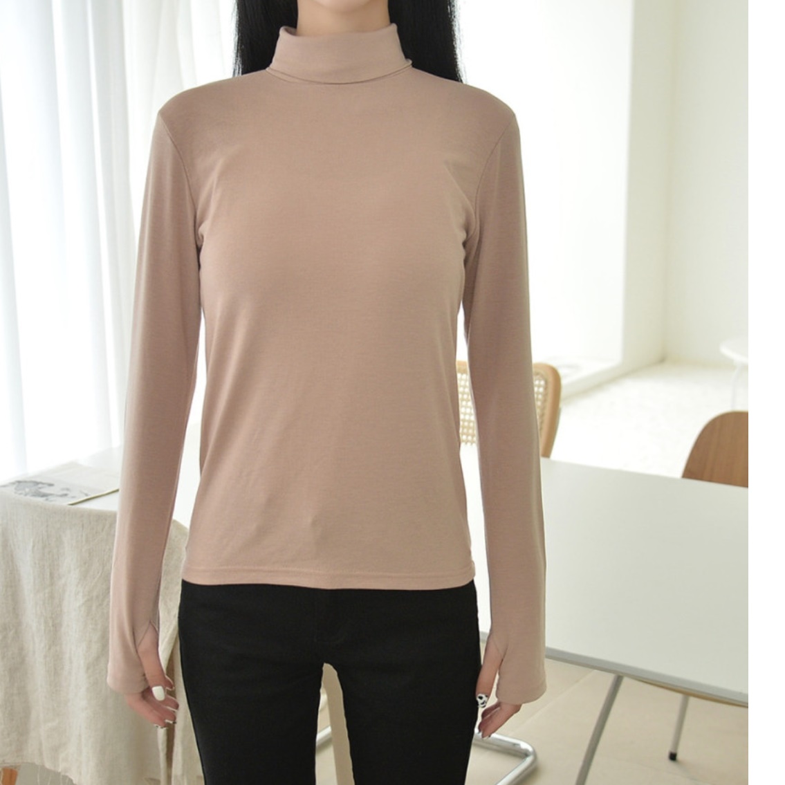 여자 롱 티셔츠 여성 여름 폴라 티 가을 슬림 핏 긴팔 홀터넥 오버 여름용 베이지 기본 - 상세 이미지 2