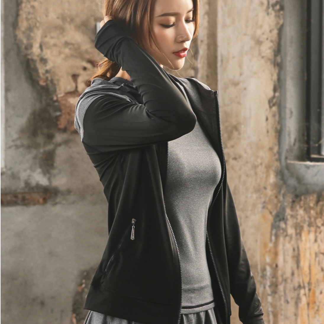 집업 긴팔 여성 운동 티셔츠 롱 가을 슬림 핏 티 러닝 요가 피트니스 헬스 운동복 운동용 - 상품 이미지