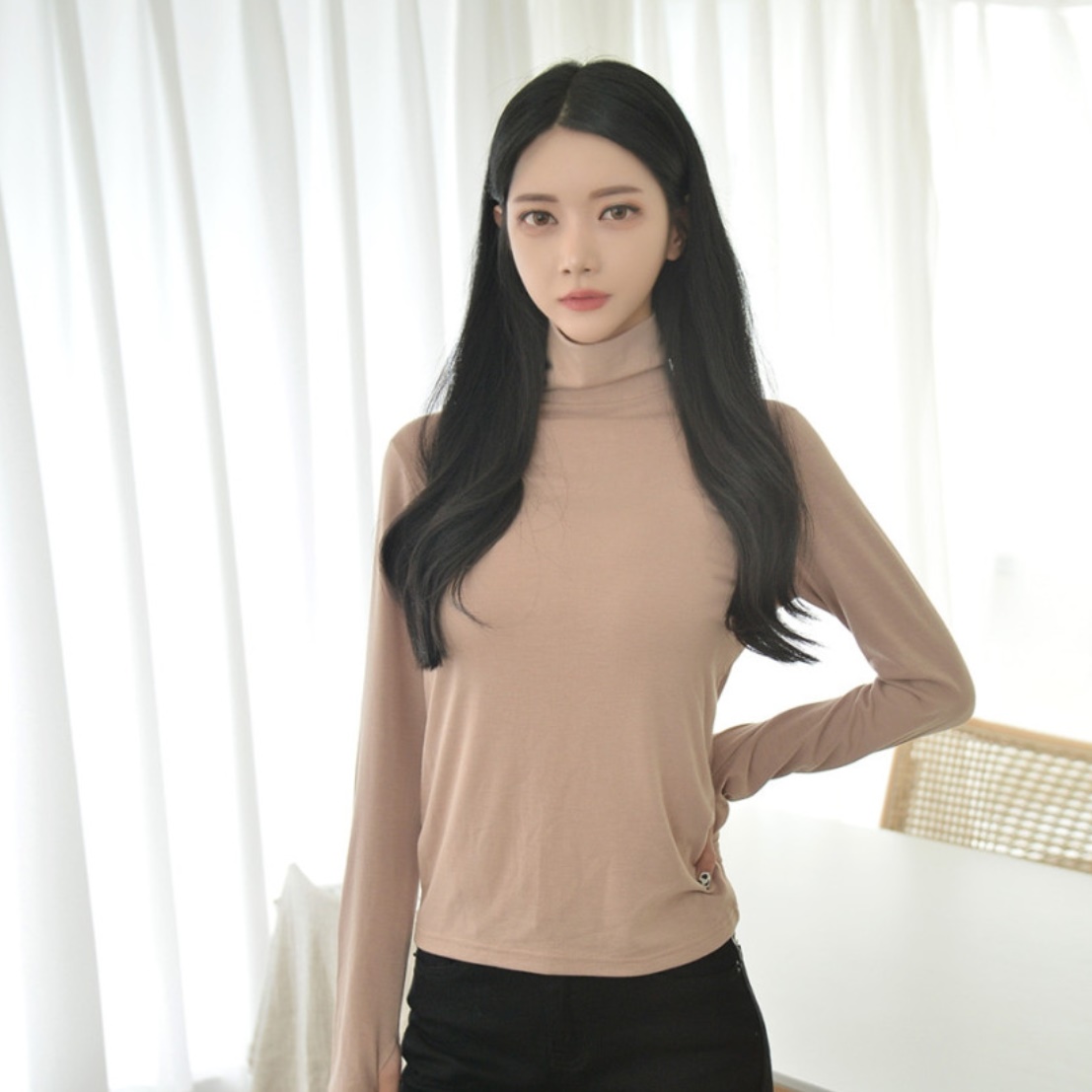 여자 롱 티셔츠 여성 여름 폴라 티 가을 슬림 핏 긴팔 홀터넥 오버 여름용 베이지 기본 - 상세 이미지 5