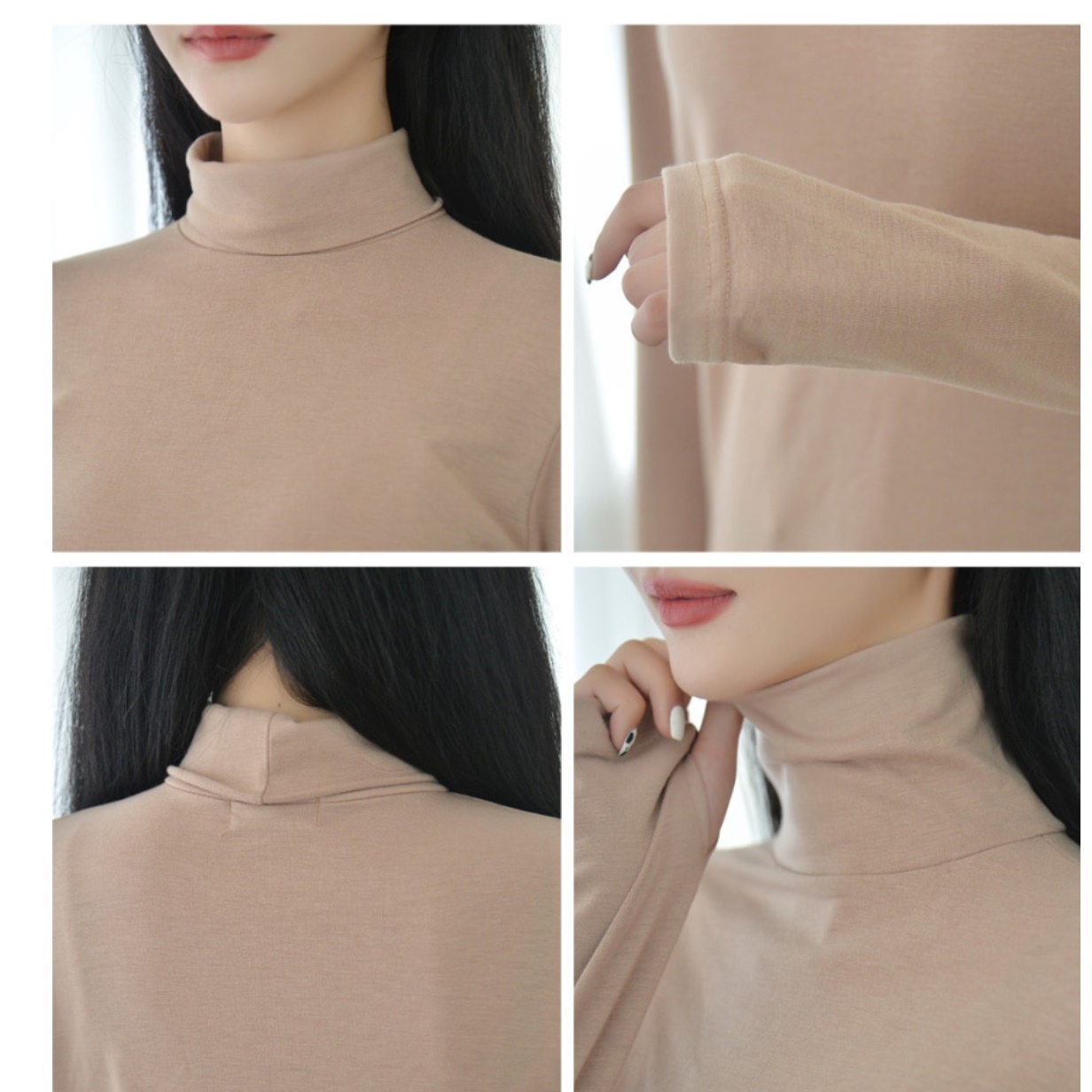 여자 롱 티셔츠 여성 여름 폴라 티 가을 슬림 핏 긴팔 홀터넥 오버 여름용 베이지 기본 - 상세 이미지 4