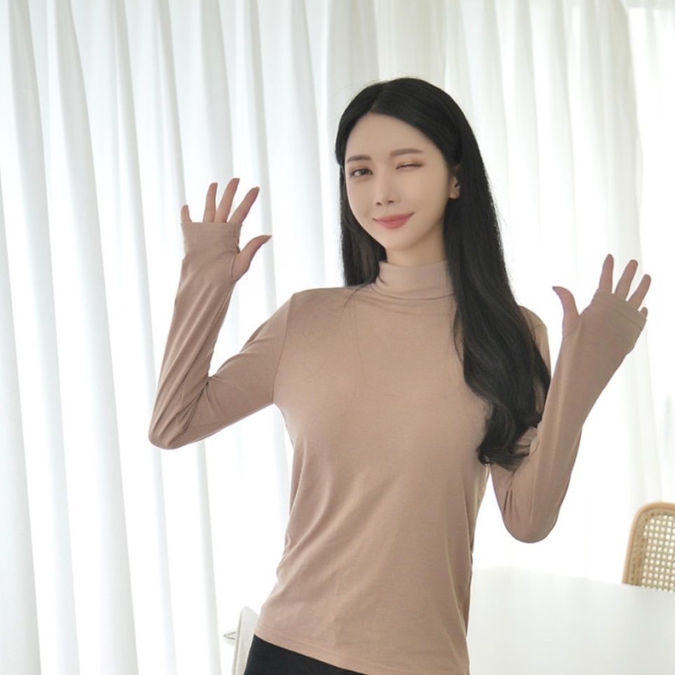 여자 롱 티셔츠 여성 여름 폴라 티 가을 슬림 핏 긴팔 홀터넥 오버 여름용 베이지 기본 - 상세 이미지 3