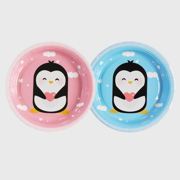 하니 칼라종이접시 펭귄 23cm (5매입) / 핑크 블루 일회용 소풍 파티 캠핑 - 메인 이미지