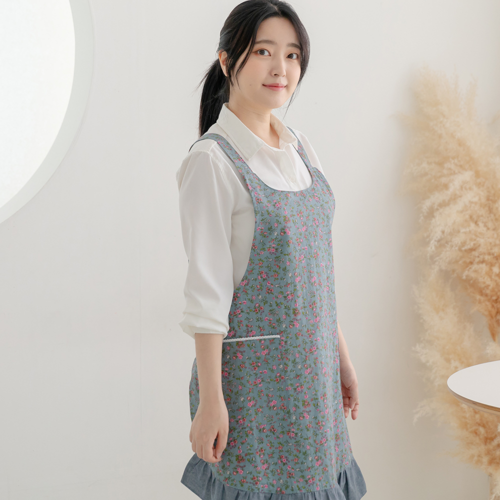 데코에버 팬지 플라워 린넨 앞치마 꽃무늬 방수앞치마 H형