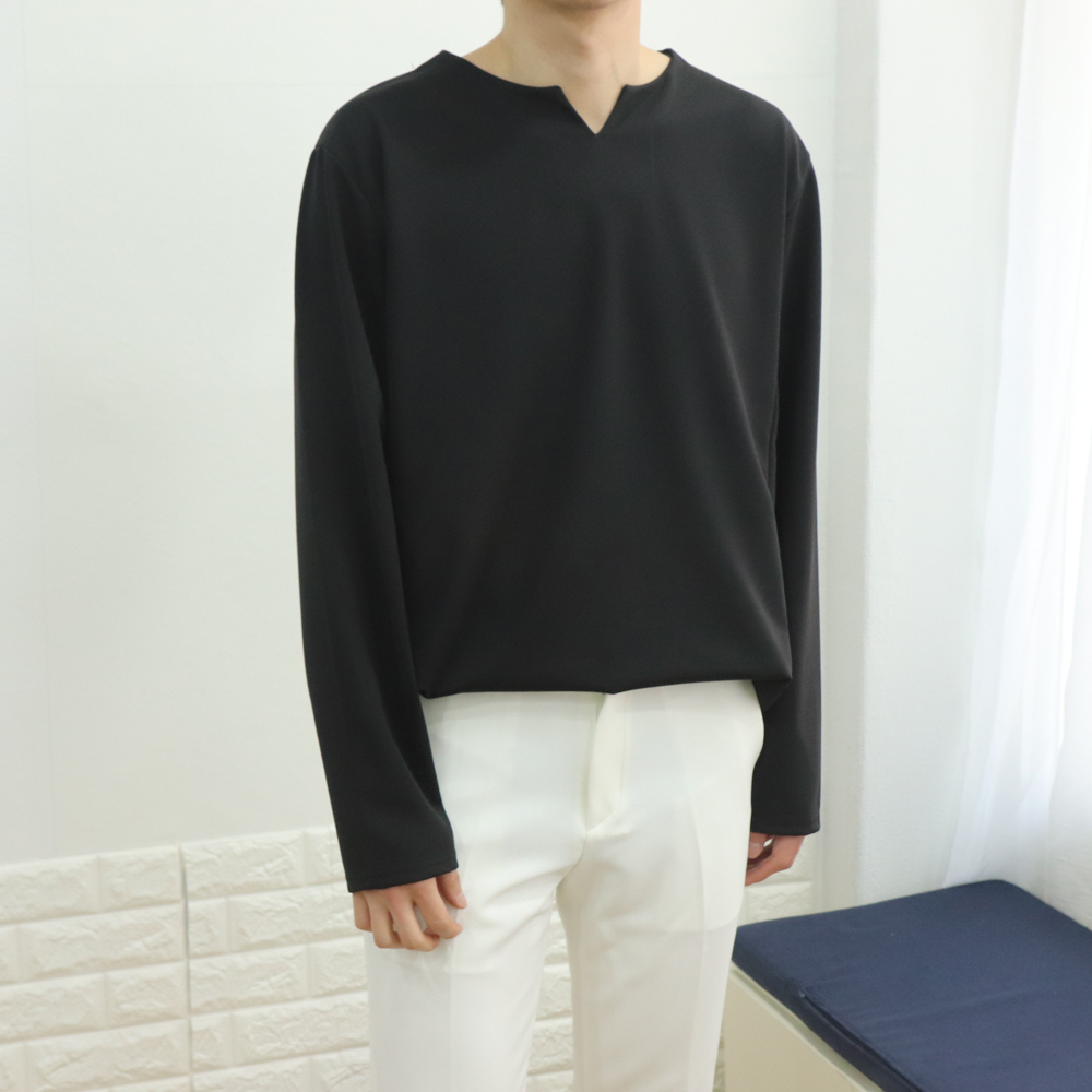 남자 봄 가을 브이넥 헨리넥 긴팔티셔츠 이미지 2