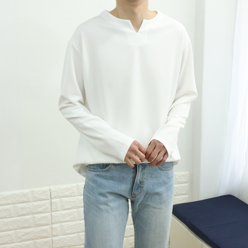 남자 봄 가을 브이넥 헨리넥 긴팔티셔츠 이미지 4