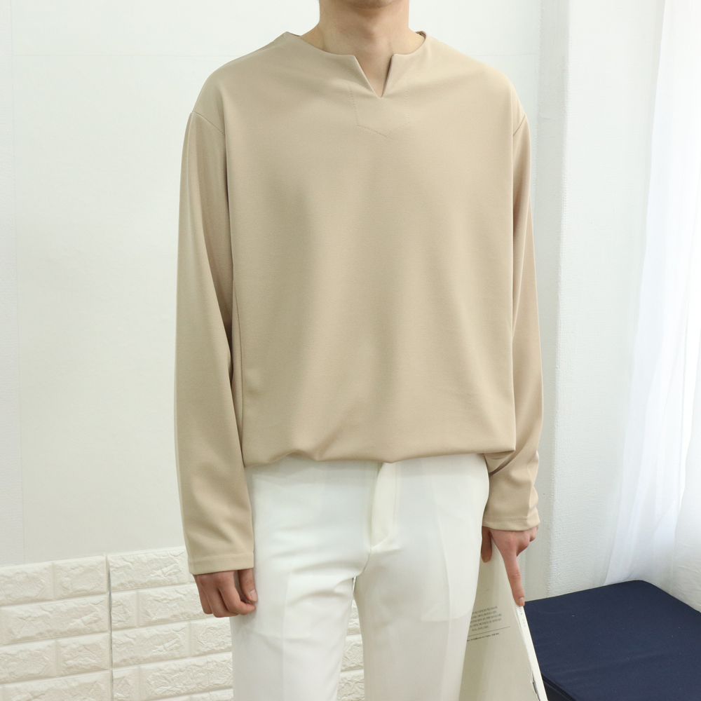 남자 봄 가을 브이넥 헨리넥 긴팔티셔츠 이미지 3