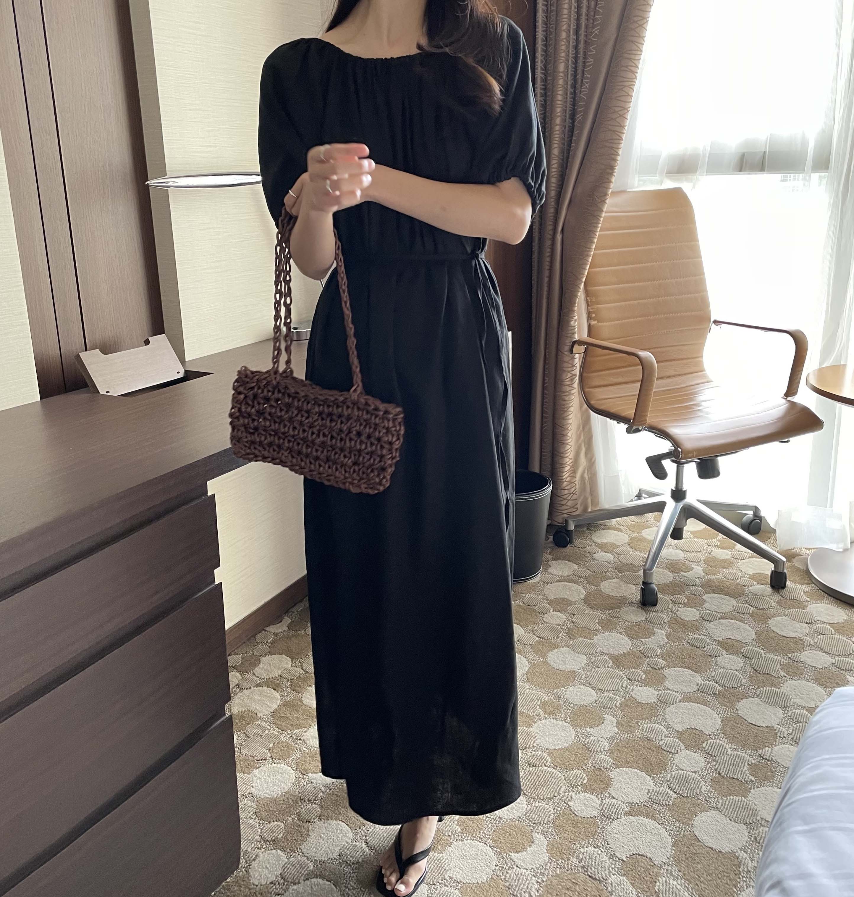 베르드 루즈핏 반팔 셔링 내추럴 린넨 오프숄더 투웨이 밴딩 허리끈 벨트 데일리 롱 원피스 이미지 6