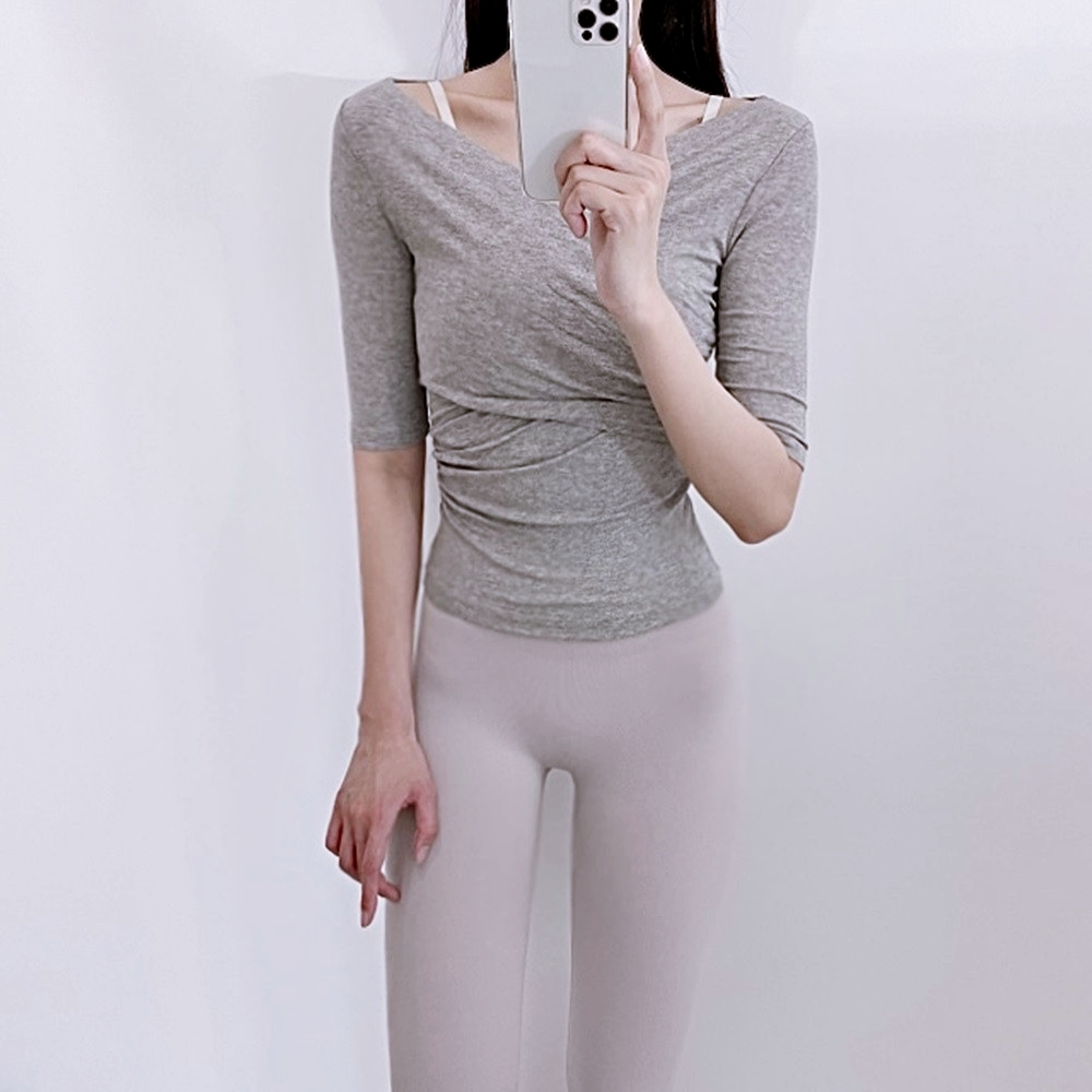 로라벨 메쉬 5부 반팔 필라테스 복 요가 커버업 탑 옷 폴웨어 운동복 티 여자 복장 상의 - 상세 이미지 4