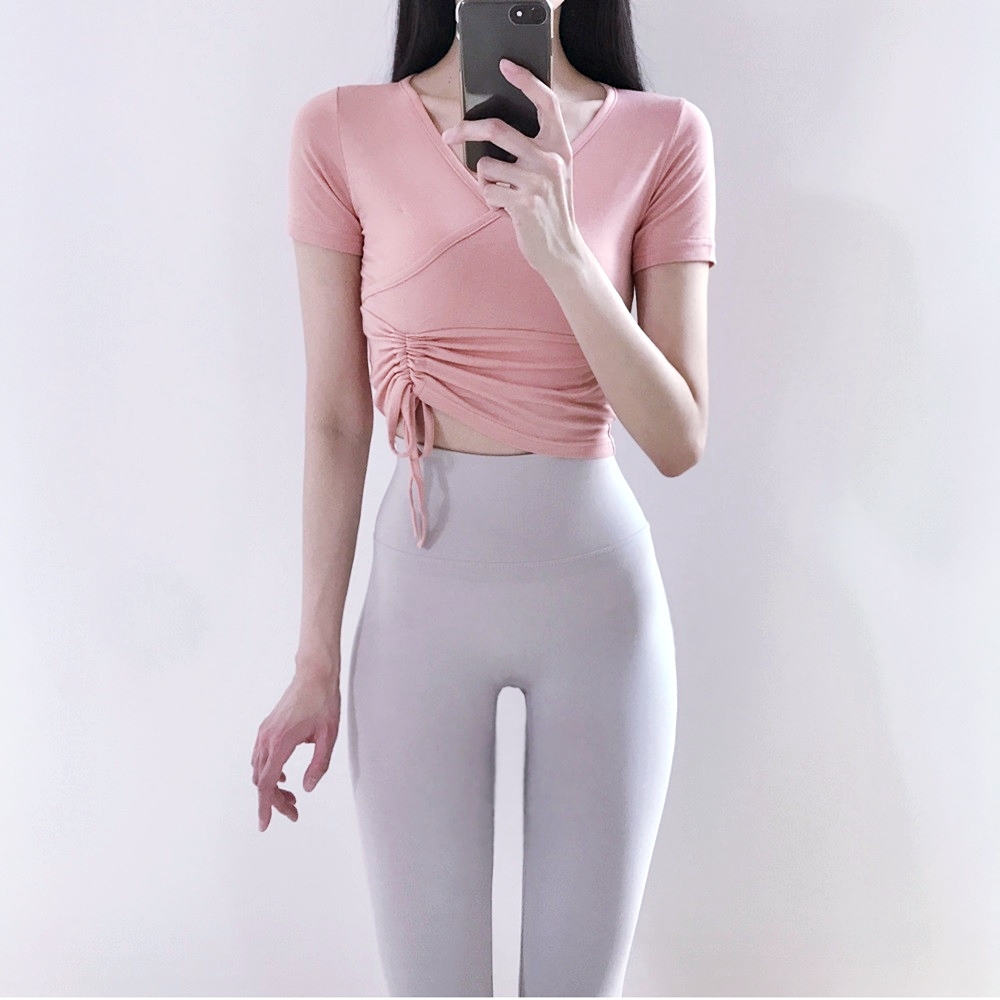 로라벨 반팔 캔디 필라테스복 요가 커버업 크롭 탑 옷 폴웨어 운동복 티 여성 복장 상의 - 상세 이미지 2