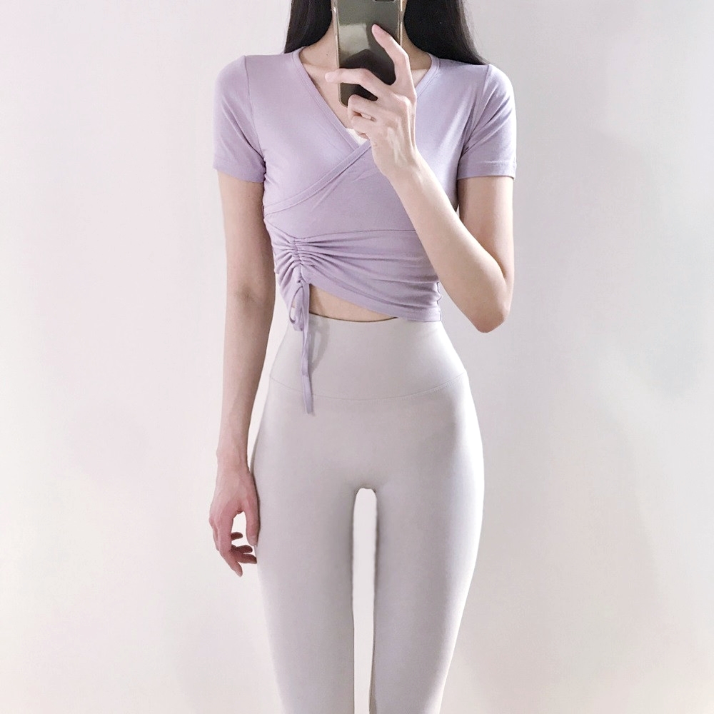 로라벨 반팔 캔디 필라테스복 요가 커버업 크롭 탑 옷 폴웨어 운동복 티 여성 복장 상의 - 상품 이미지