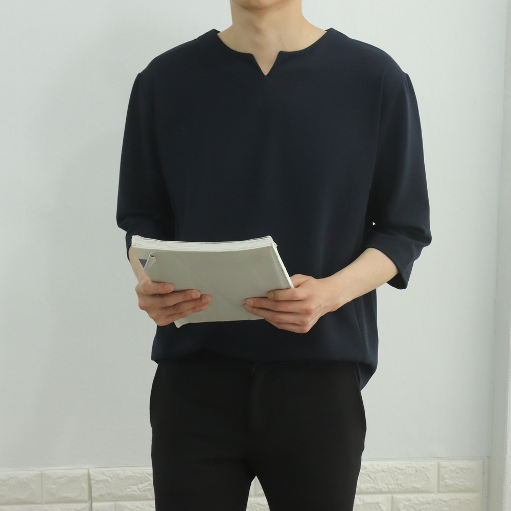 스트릿 엠보 리버풀 폴리 오버핏 구김없는 링클프리 브이넥 반팔7부티셔츠 흰색 검정 곤색 - 상세 이미지 3