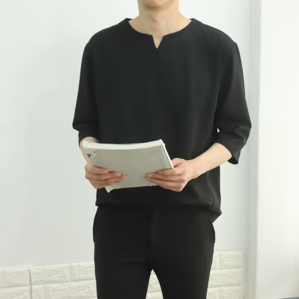 스트릿 엠보 리버풀 폴리 오버핏 구김없는 링클프리 브이넥 반팔7부티셔츠 흰색 검정 곤색 - 상세 이미지 4