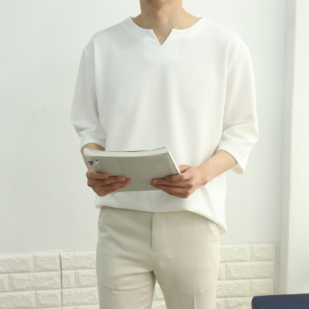 스트릿 엠보 리버풀 폴리 오버핏 구김없는 링클프리 브이넥 반팔7부티셔츠 흰색 검정 곤색 - 상세 이미지 2