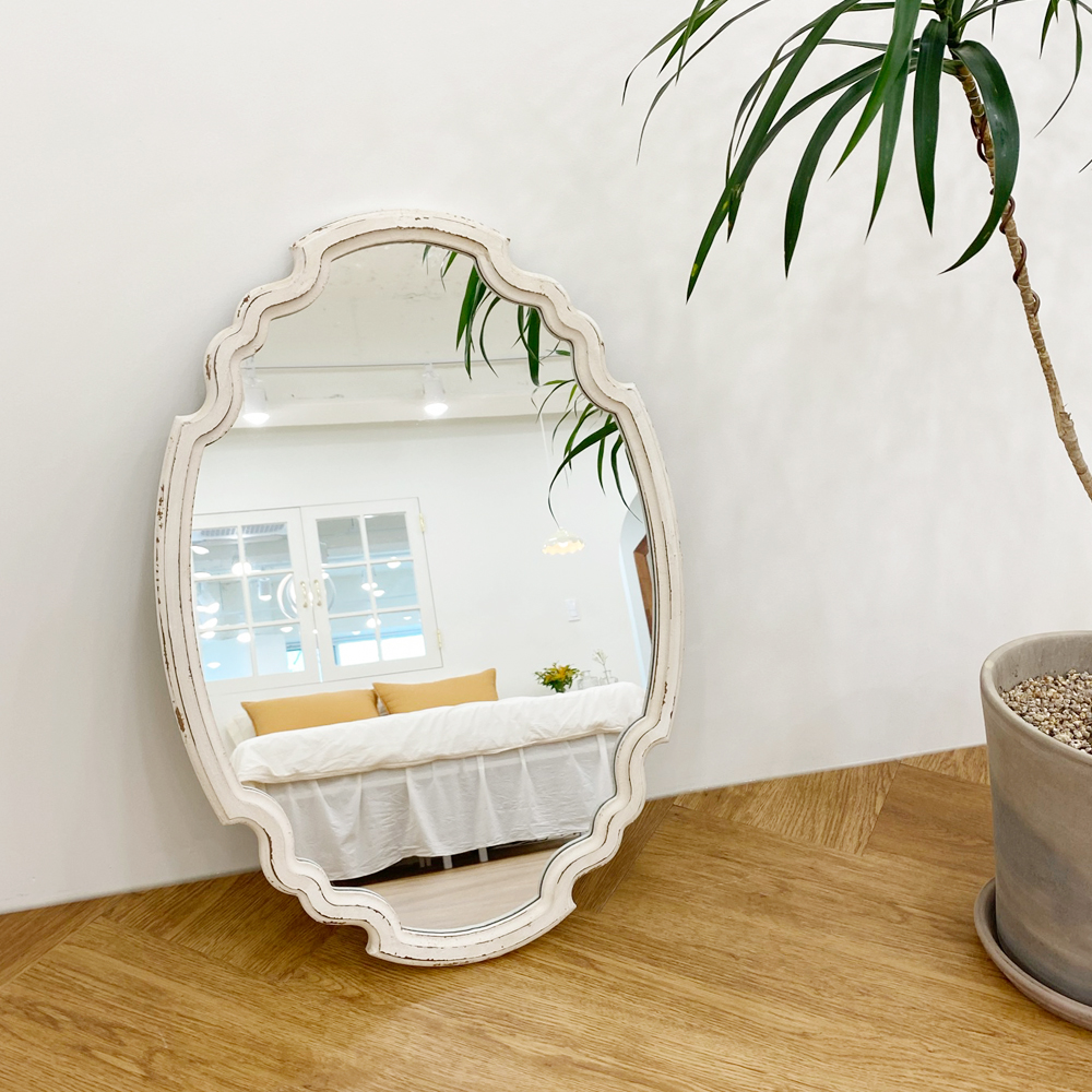 르마레 타원형 빈티지거울 프렌치 쉐비 화이트 카페 우드