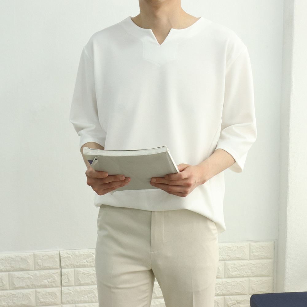 빅사이즈 링클프리 오버핏 브이넥 구김없는 반팔7부티셔츠 - 상품 이미지