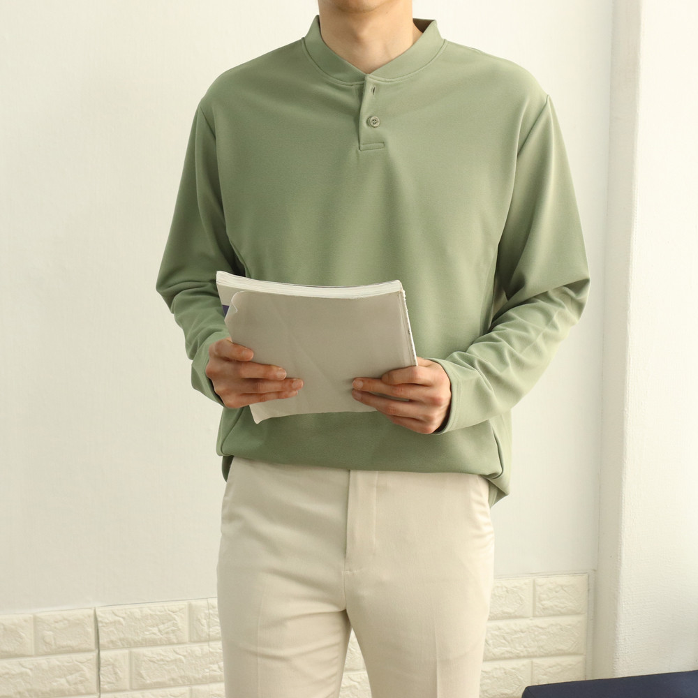 솔리드 캐주얼 정장 오버핏 구김없는 링클프리 노카라 헨리넥 단추 빅사이즈 스판 긴팔티셔츠 이미지 3