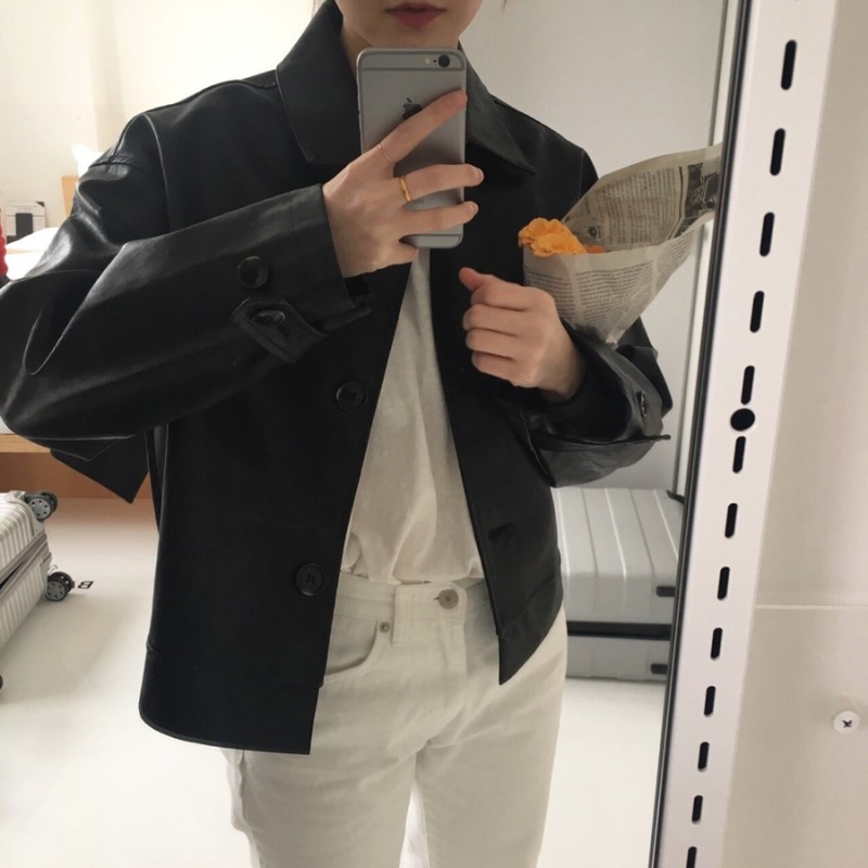 메드 가을 베이직 무광 숏카라 가죽 레더 라이더 자켓 루즈핏 카라넥 여성 가죽재킷(블랙) 이미지 3