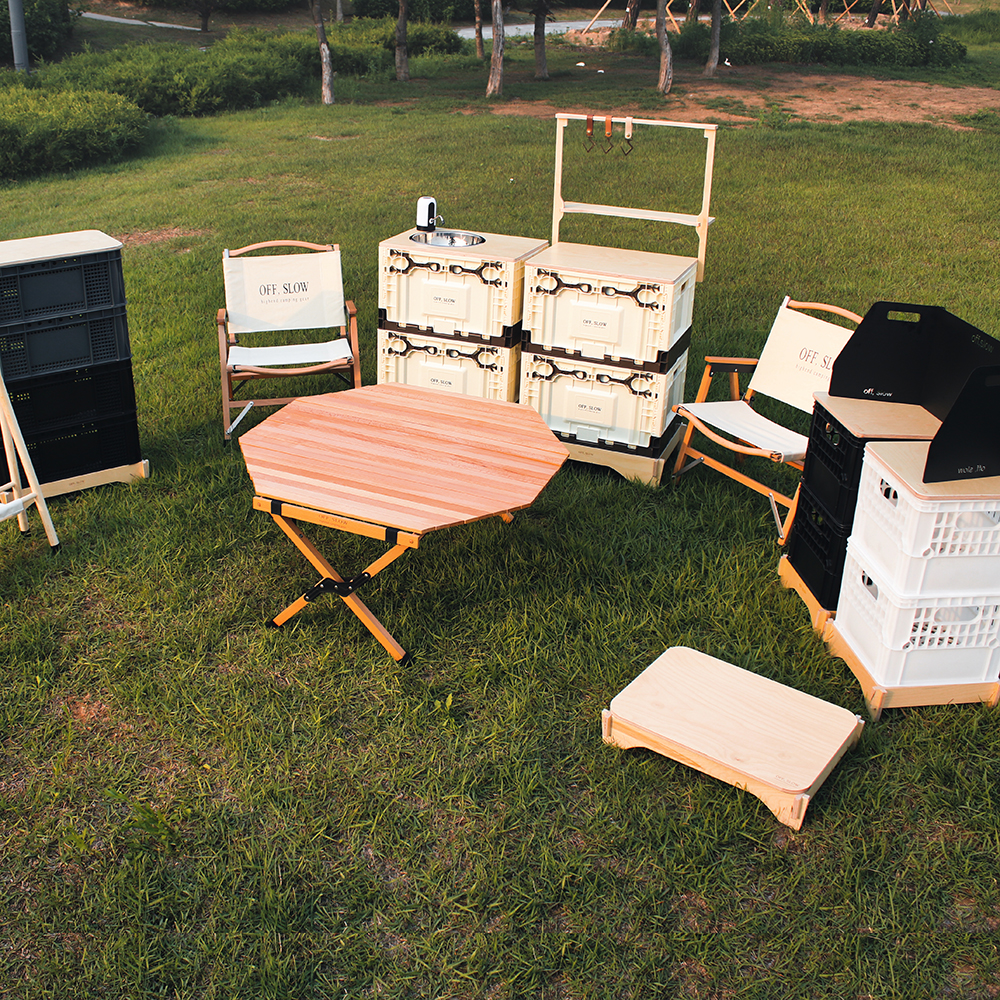 오프슬로우 캠핑폴딩박스 오픈도어 밀크박스 운반상자6호 원목 상판 감성