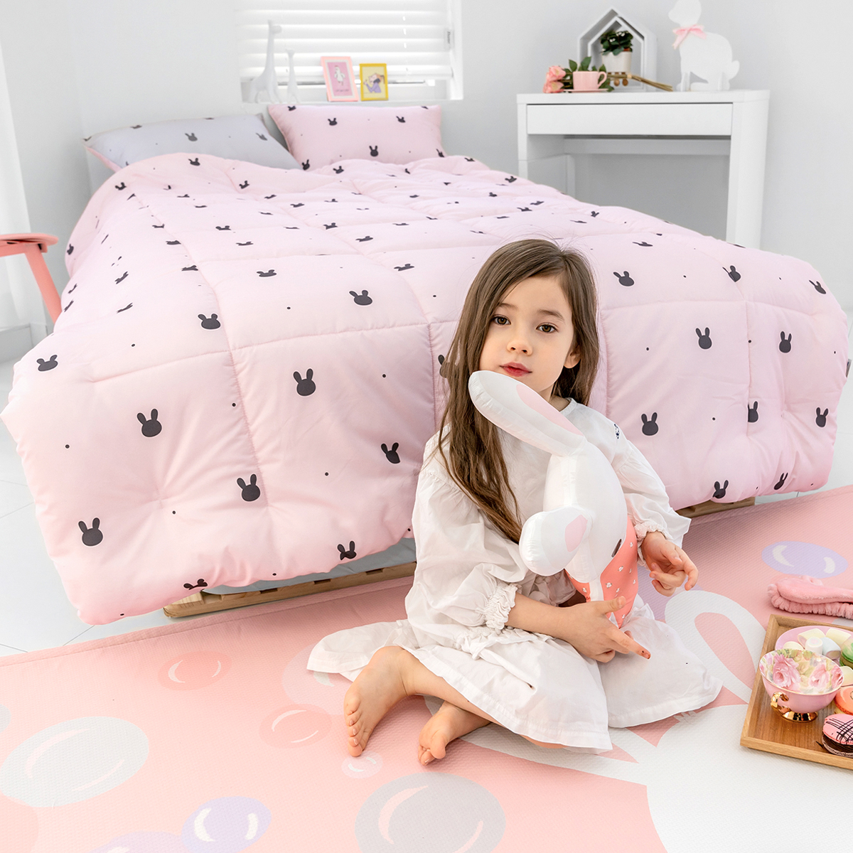 마이하우스 래빗도트 핑크 키즈 알러지케어 부드러운 어린이 차렵이불 패드세트